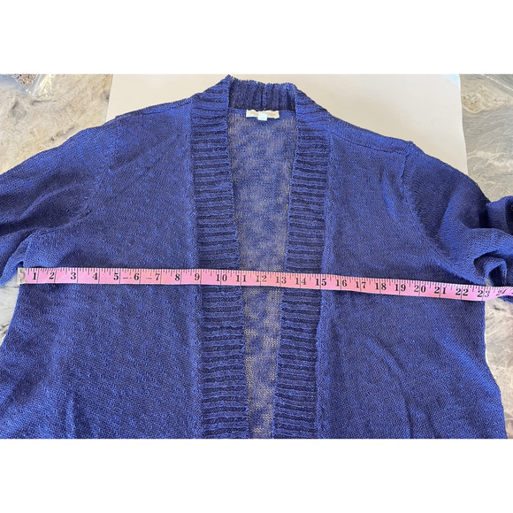 EILEEN FISHER Linen Blend Cardigan Size L Open Front Knit Purple Lightweight - Picture 8 of 10